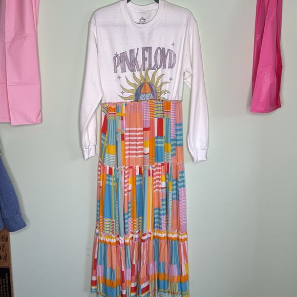Pink Floyd Graphic Upcycled Long Sleeve Hippie Patchwork Maxi Dress Small - Picture 10 of 14